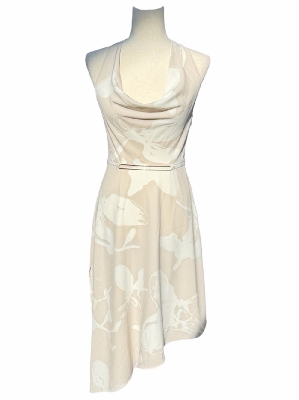 Halston Heritage Sleeveless Beige Floral Cowl Neck Cocktail Dress w Gold Bar 0